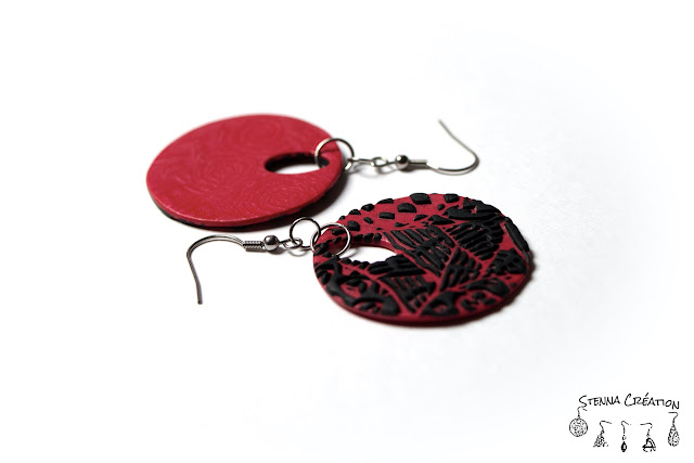 Boucles oreilles pâte polymère Sutton Slice Mica Shift noir rouge Stenna Création Fimo