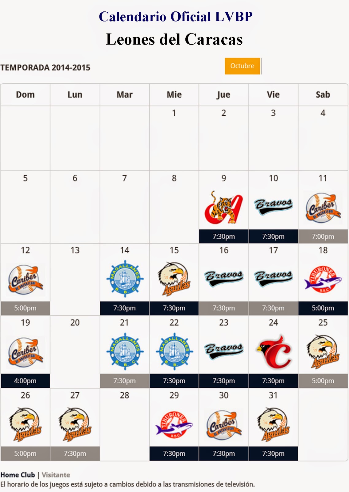 Deportes Calendario de los Leones del Caracas temporada 2014