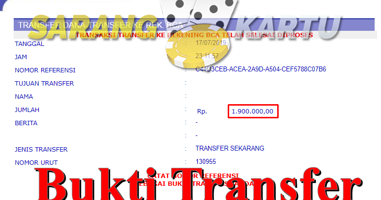 Selamat Kepada Member Sarang Kartu Atas Kemenangan Sebesar Rp 1.900.000