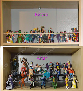 Two images showing before and after, a shelf with action figures (no risers), and a shelf with action figures on risers.