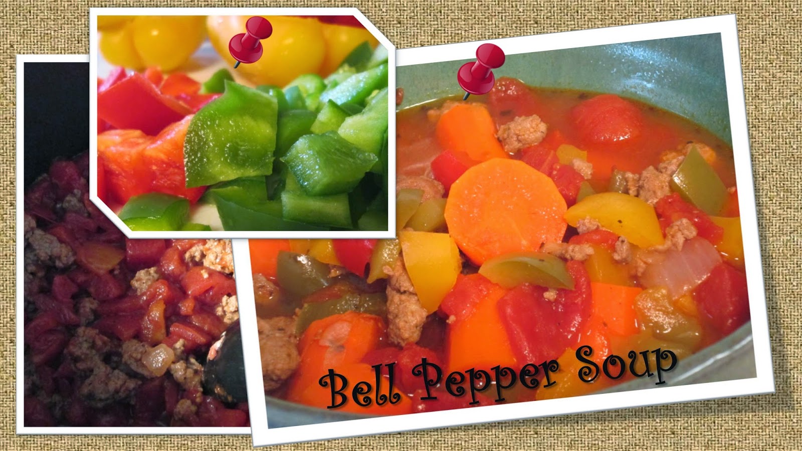 Images of home made bell pepper soup with ground turkey.