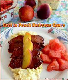 Beef in Peach Barbecue Sauce starts with a bottled sauce, adds seasonal flavors and cooks in the oven. | Recipe developed by www.BakingInATornado.com | #beef #dinner