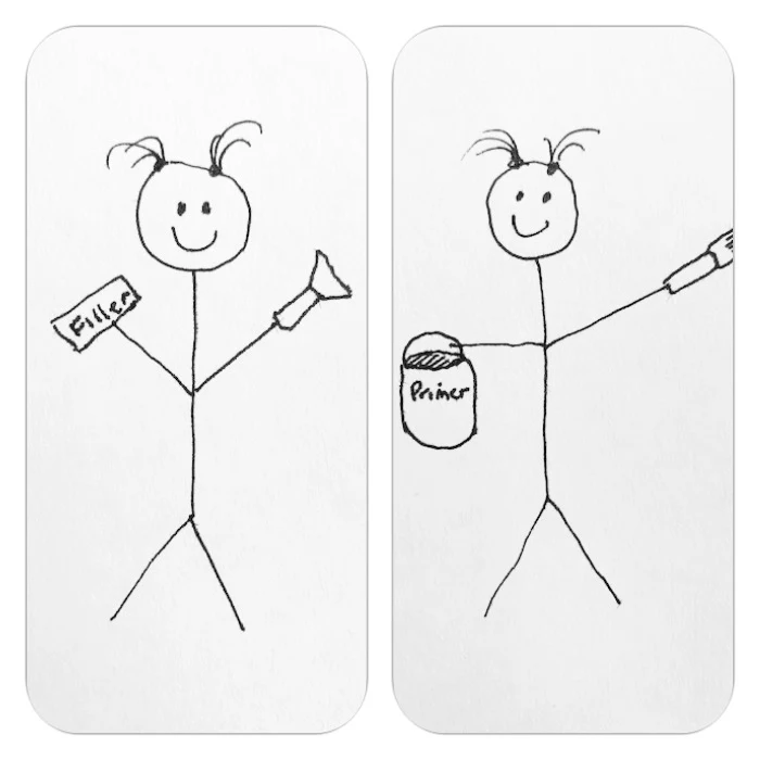 stick figure drawing of wood filler and primer