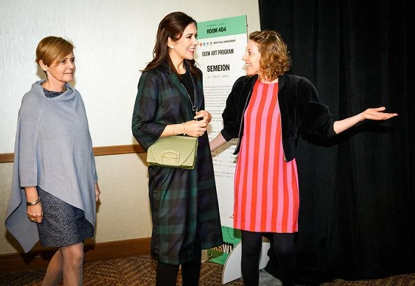 Crown Princess Mary wore a woven checked jacket by Baum und Pferdgarten. Crown Princess Mary is visiting Texas