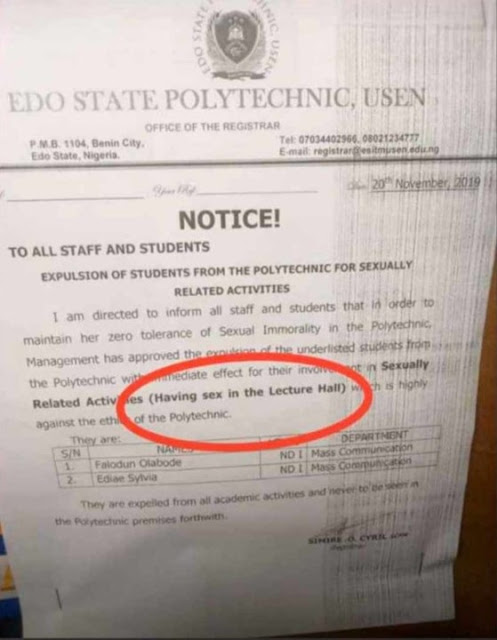 Edo State Polytechnic Expels 2 Students Caught Having S*x In Lecture Hall (Photos)