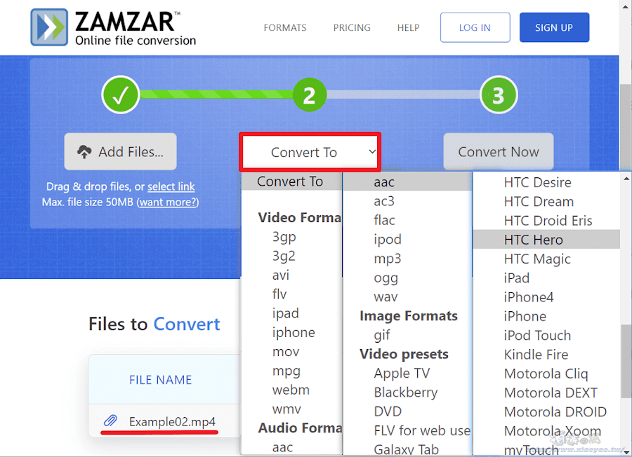 Zamzar 線上檔案格式轉換工具,支援文書、圖片、影音等上千種格式