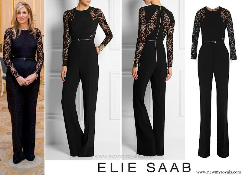 Queen Maxima wore Elie Saab lace paneled stretch crepe jumpsuit