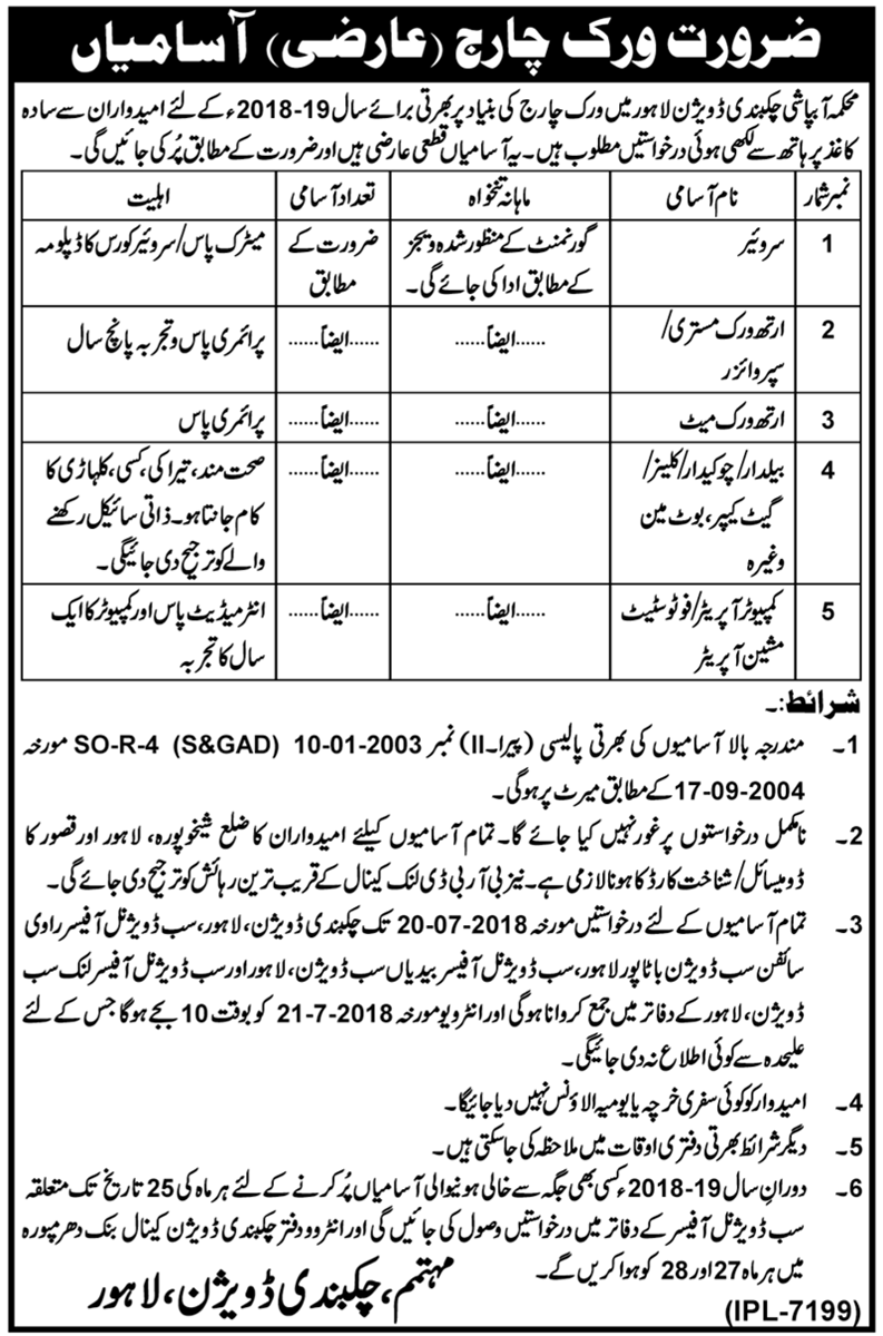 Irrigation Department Jobs Lahore July 2018