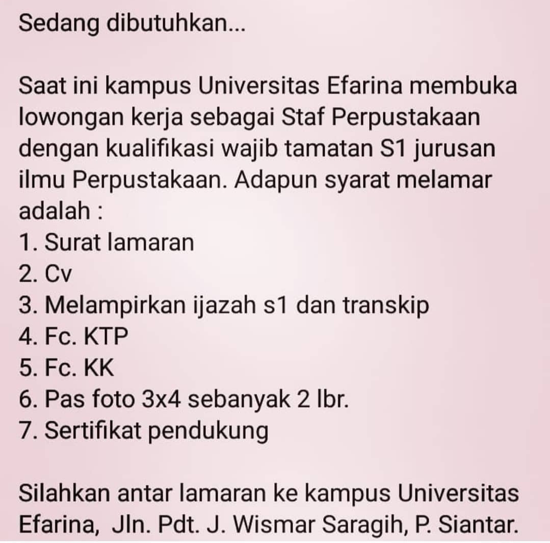 Lowongan Kerja S1 Terbaru Di Universitas Efarina November 2020 Lowongan Kerja Medan Terbaru Tahun 2021