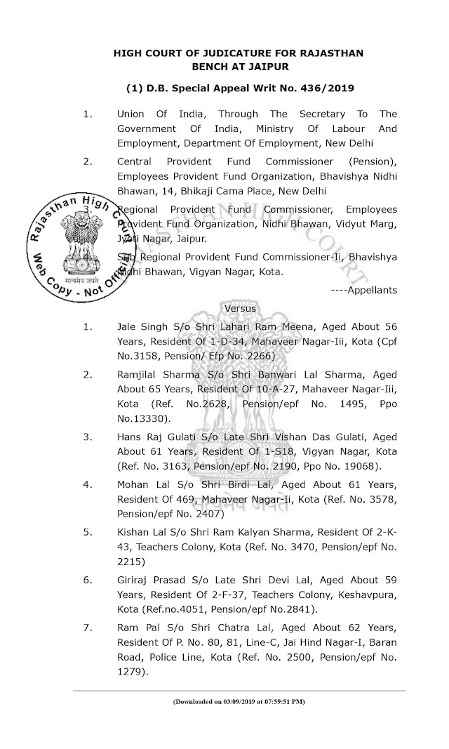 Judgment dt. 28.8.2019 of Rajasthan High Court, Jaipur - Division Bench Special Appeal Writ No. 436 of 2019