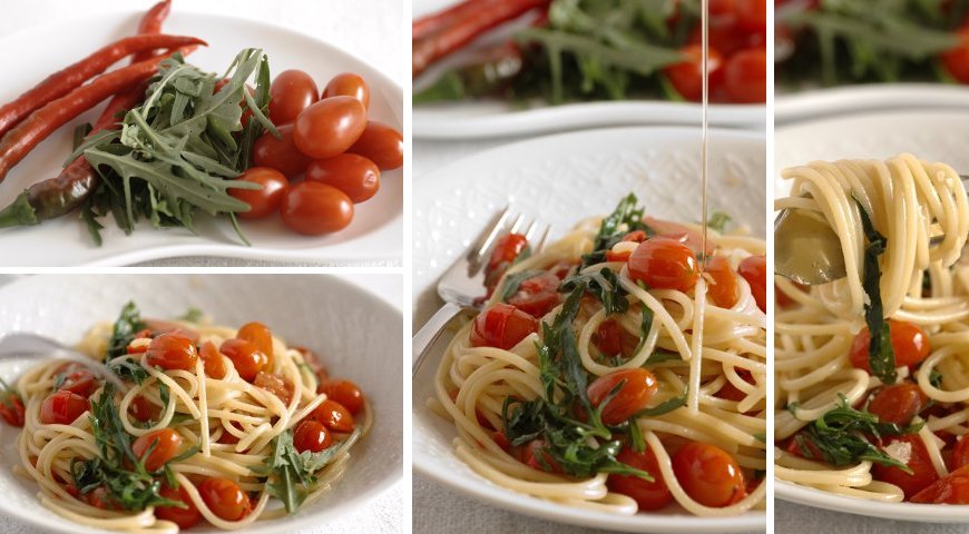 Spaghetti, rucola, pomodori datterini e peperoncino | Colazione da Jo