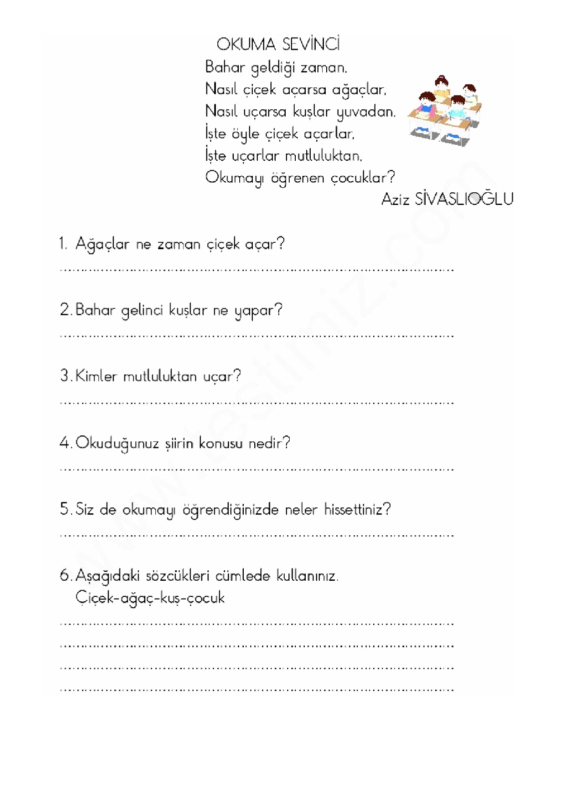1. Sınıf Türkçe Cümle Bilgisi Çalışma Kağıdı - Ders Kitabı Cevapları