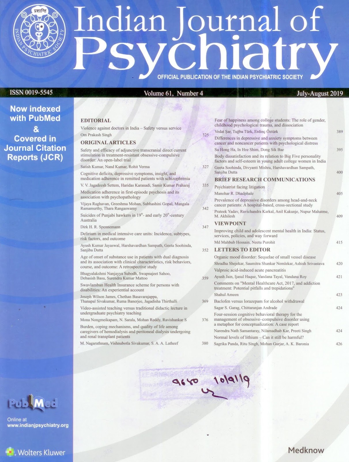 http://www.indianjpsychiatry.org/showBackIssue.asp?issn=0019-5545;year=2019;volume=61;issue=4;month=July-August