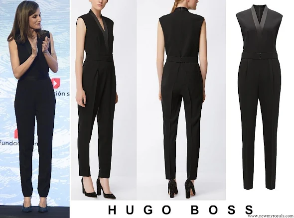 Queen Letizia wore HUGO BOSS V-neck jumpsuit with satin trims