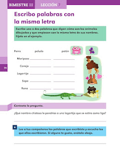Apoyo Primaria Español 1er grado Bimestre 3 lección 7 Escribo palabras con la misma letra 