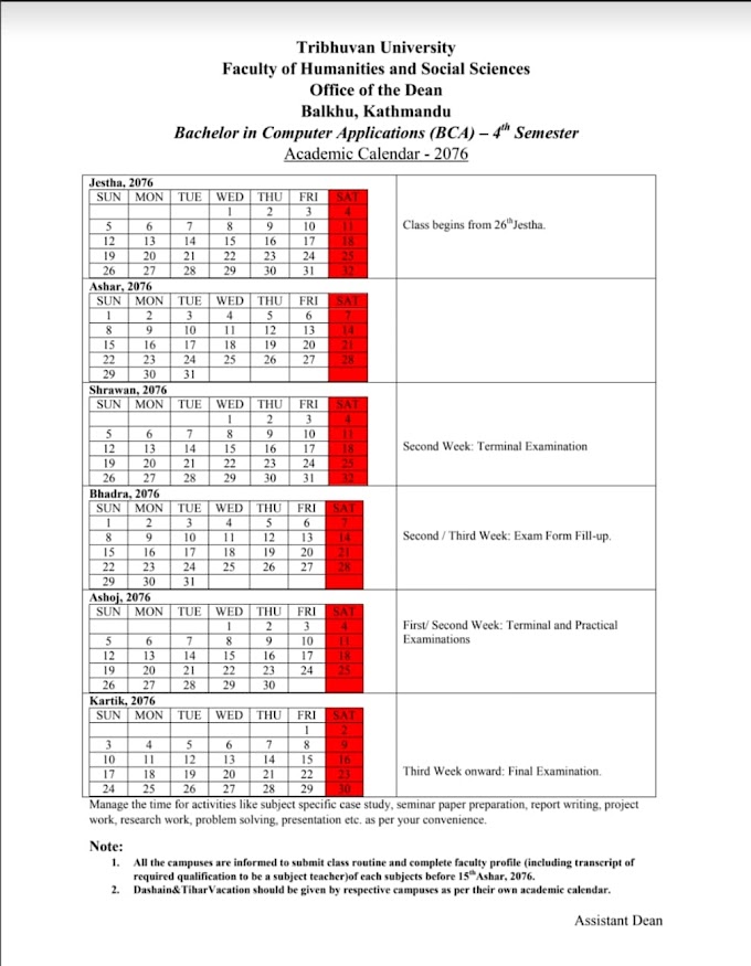 Academic Calendar of BCA 4th semester 2076