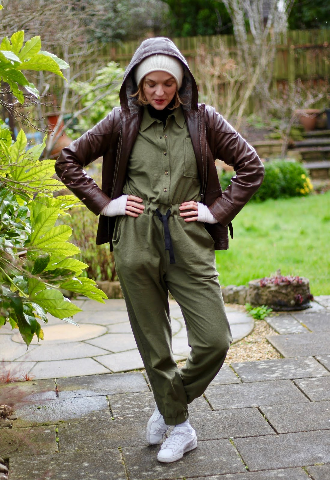 Khaki Boiler suit and brown leather jacket | Fake Fabulous