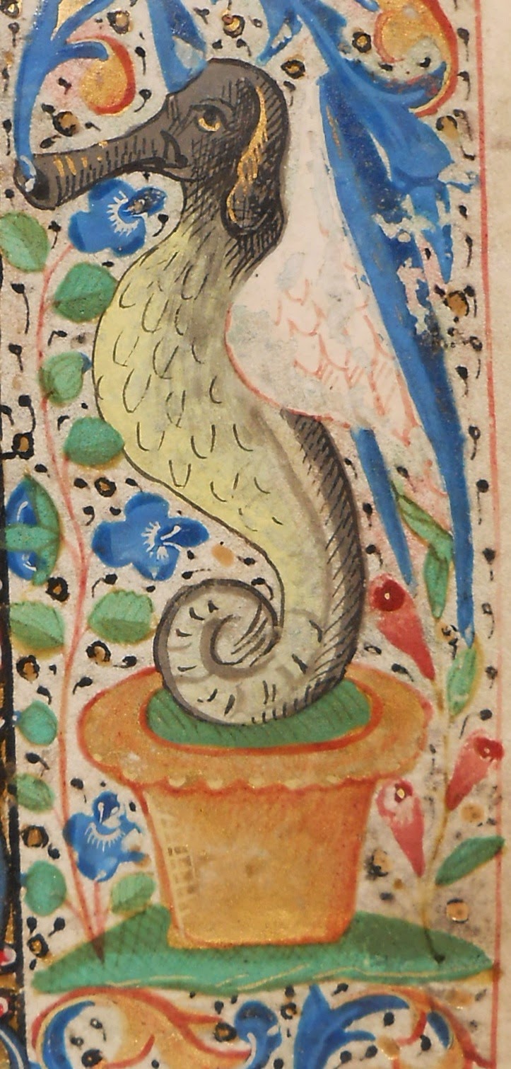 A painted creature resembling a winged seahorse with the head of an elephant.