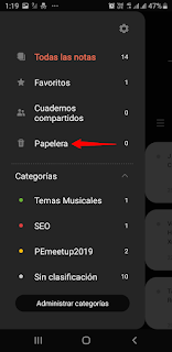 Papelera Samsung Notes Acceso a la papelera