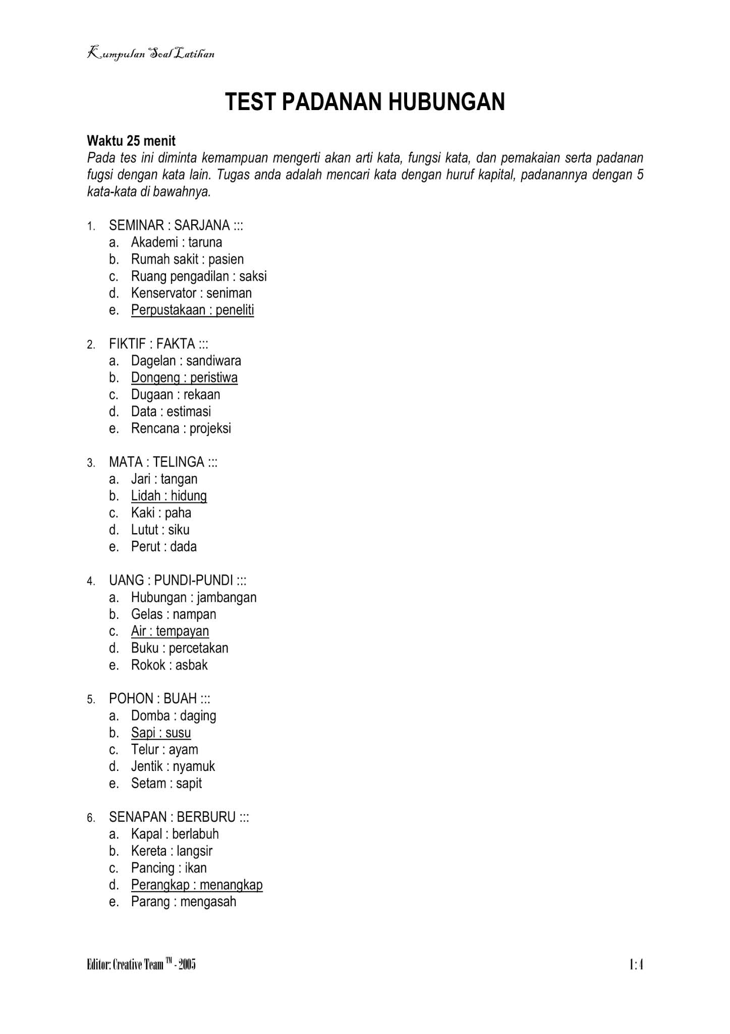 Kumpulan Soal Tes Psikotes CPNS + Kunci Jawaban (Test Kumpulan Soal Tes Psikotes CPNS + Kunci Jawaban (Test