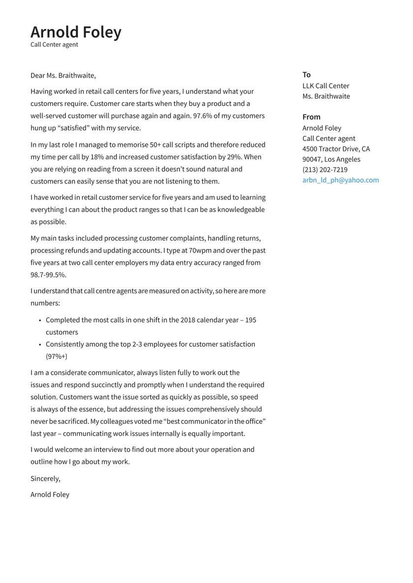 Customer Service Call Center Cover Letter Examples 2018 Resume Letter