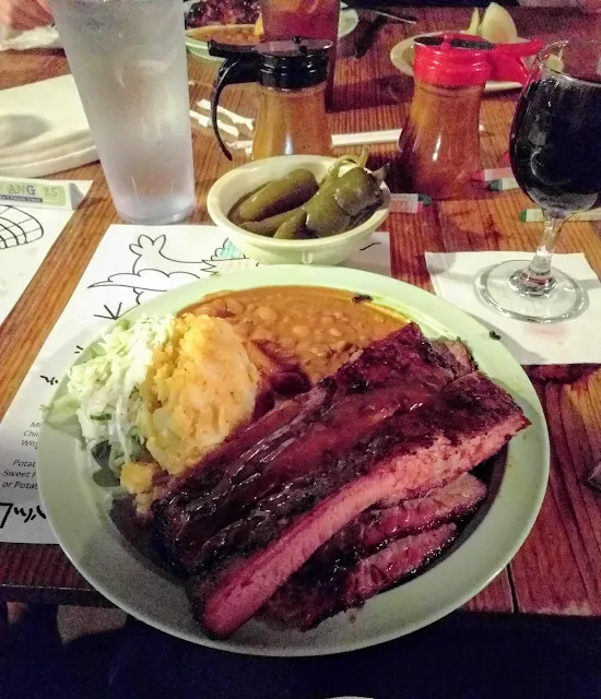 Pork ribs and brisket platter at the Salt Lick BBQ in Austin, Texas