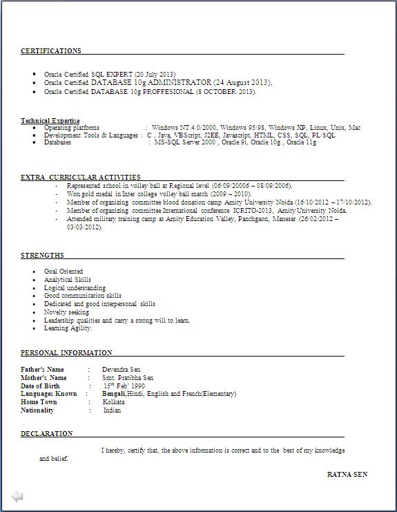 mca professional resume format