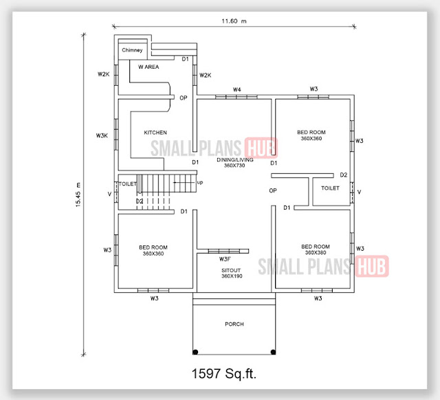 1597 Sq.ft.3 bedroom Single Floor plan and elevation