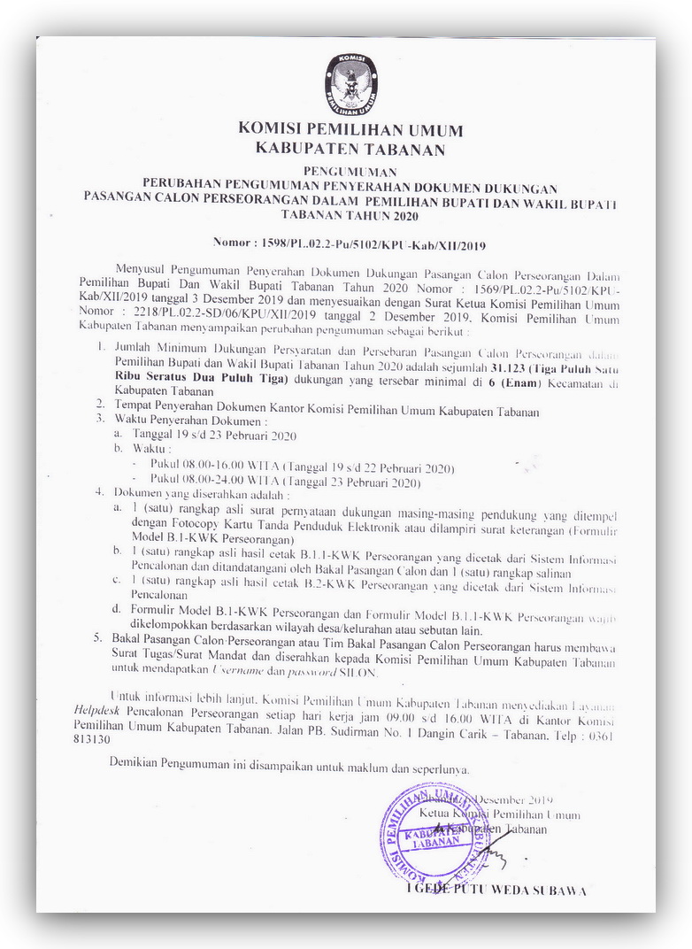 Pengumuman KPU Tabanan