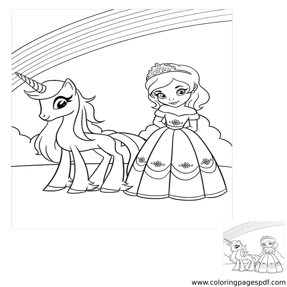 Coloring Page Of A Small Princess With Her Unicorn