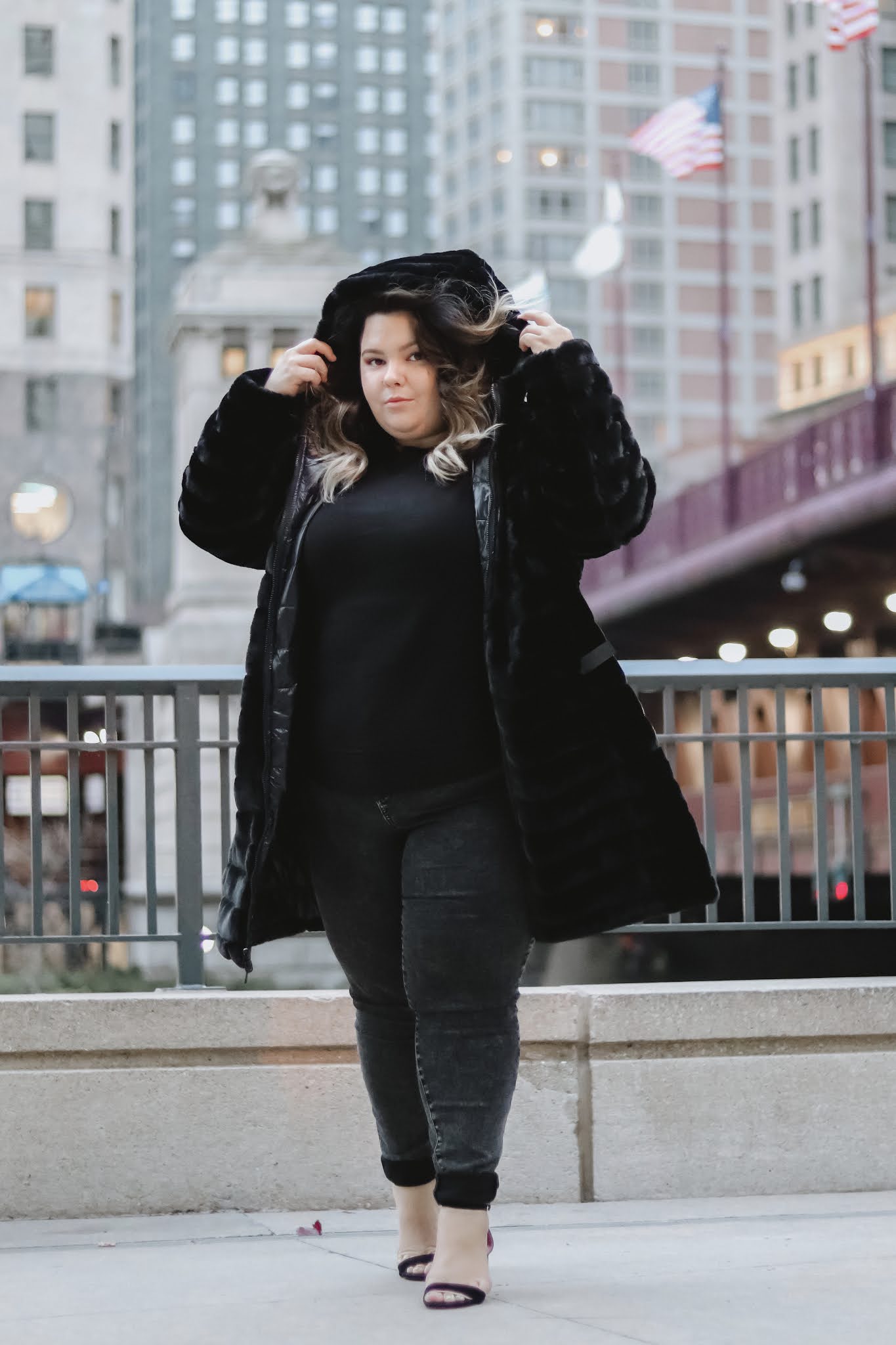 Chicago Plus Size Petite Fashion Blogger Natalie in the City high waist skinny jeans faux fur coat puffer coat fall outfits