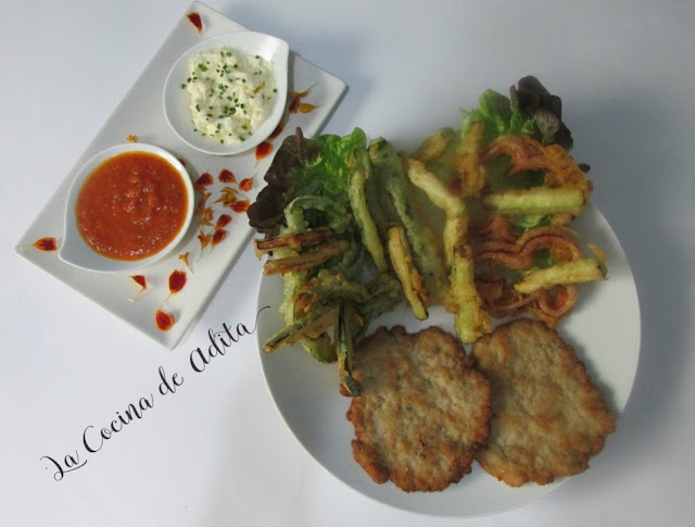 Filetes rusos, con verduras en tempura