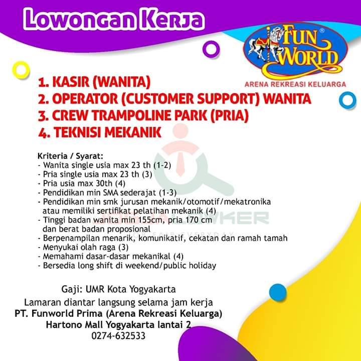 Lowongan Kerja Pt Funworld Prima Yogyakarta Kasir Operator Customer Support Crew Trampoline Park Teknisi Mekanik Juni 2019 Loker Swasta