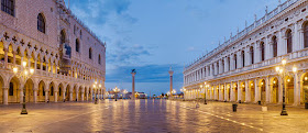 The Piazzetta San Marco, with the Doge's Palace on the  left and the Biblioteca Marciana opposite