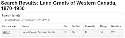 Screen capture of search for Armitage at section 10, township 49, range 14 in the Land Grants of Western Canada, 1870-1930 at Library and Archives Canada.