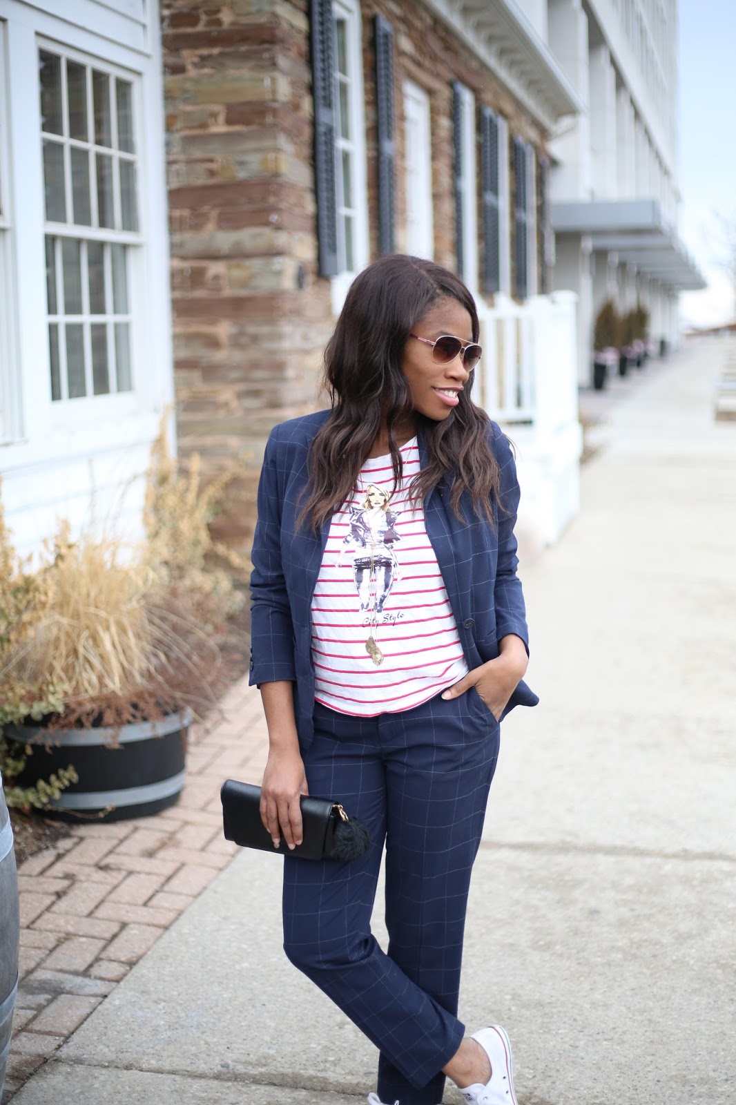 A Patterned suit with converse sneakers, Toronto Blogger