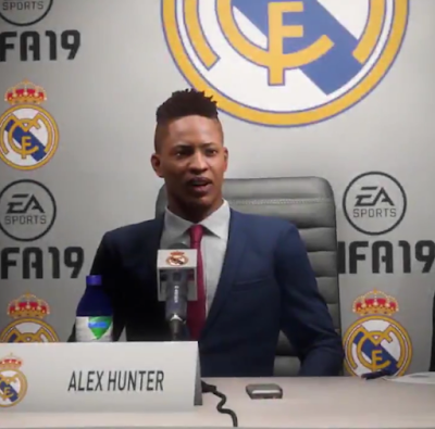 Alex Hunter FIFA 19 The Journey Champions microphone press conference suit tie Real Madrid EA Sports