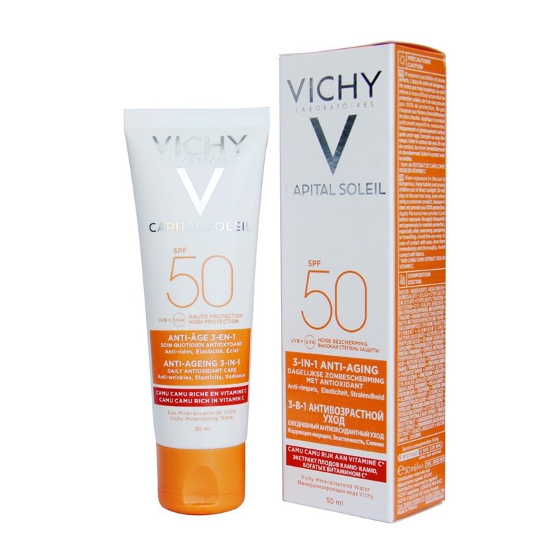 Vichy Kem chống nắng giảm dấu hiệu lão, kiềm dầu hóa Capital Soleil Anti-Ageing 3-In-1 SPF50 50ml