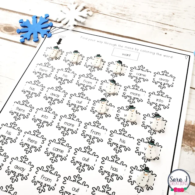 Free sight words printable mazes. With a fun snowflake theme, these are perfect for practicing any sight word list during the winter months.