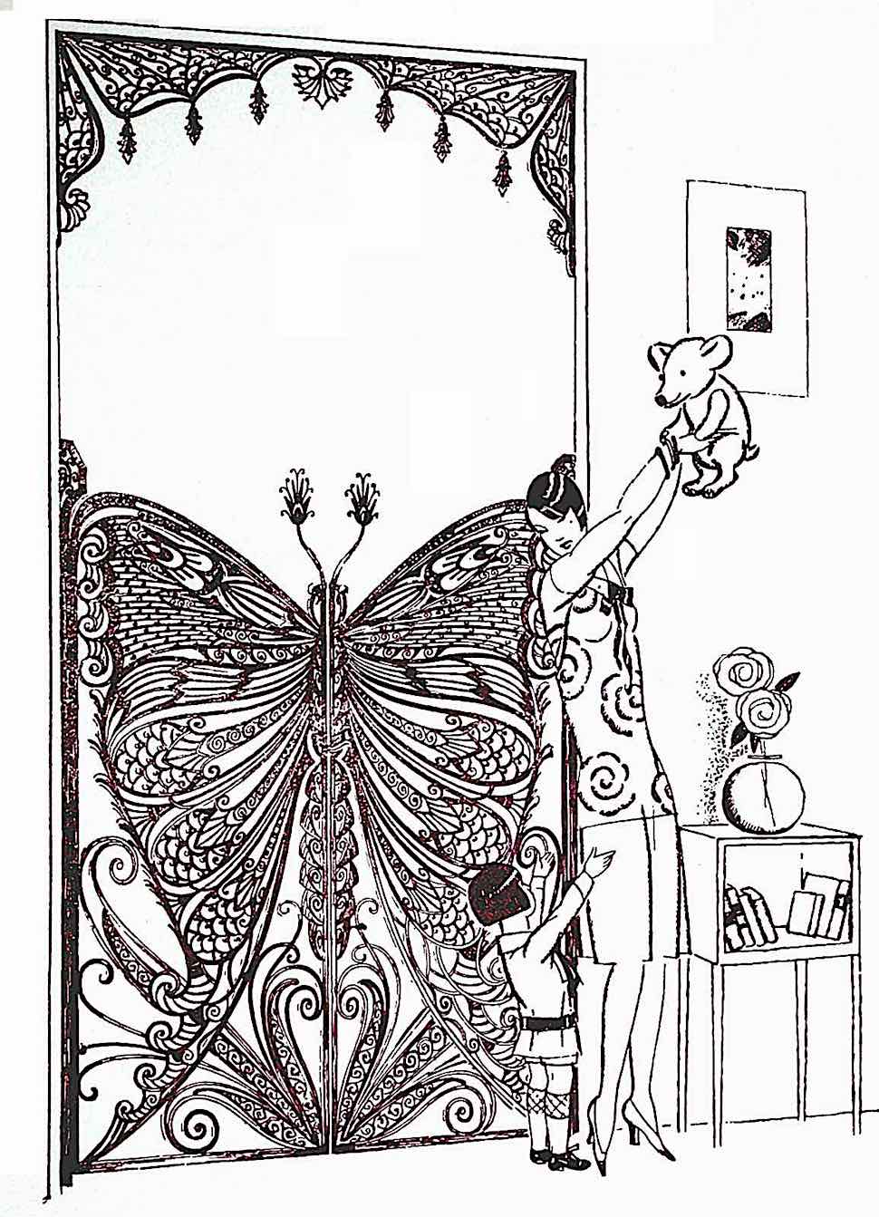1926 hotel a woman and child in a 1926 hotel, illustrated