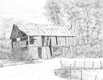 art pen drawing rural landscape wood barn derelict