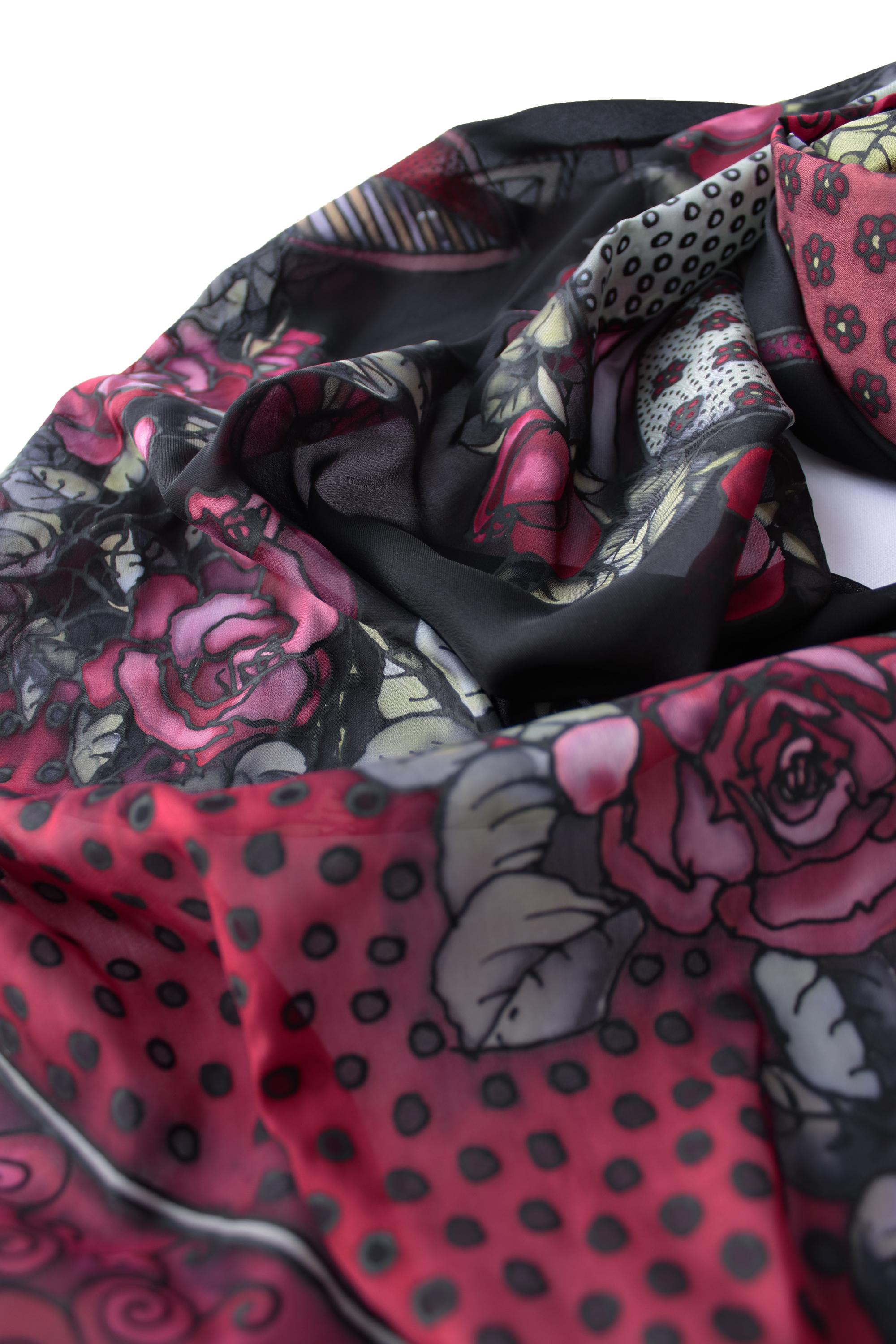 Hand-PAINTED Black and Red Women Silk Scarf with Roses. Silk chiffon scarf