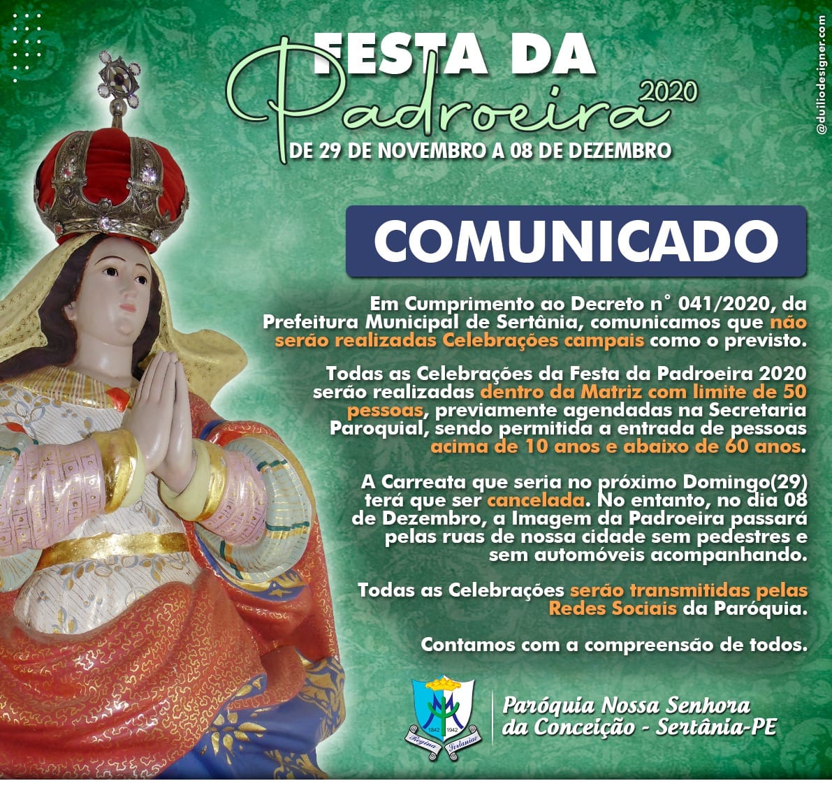 Paróquia N. Sra da Conceição cancela carreata e celebração campal da Festa da Padroeira