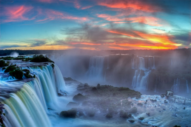 Beautiful Sunset Iguazu Falls One of Seven Wonders