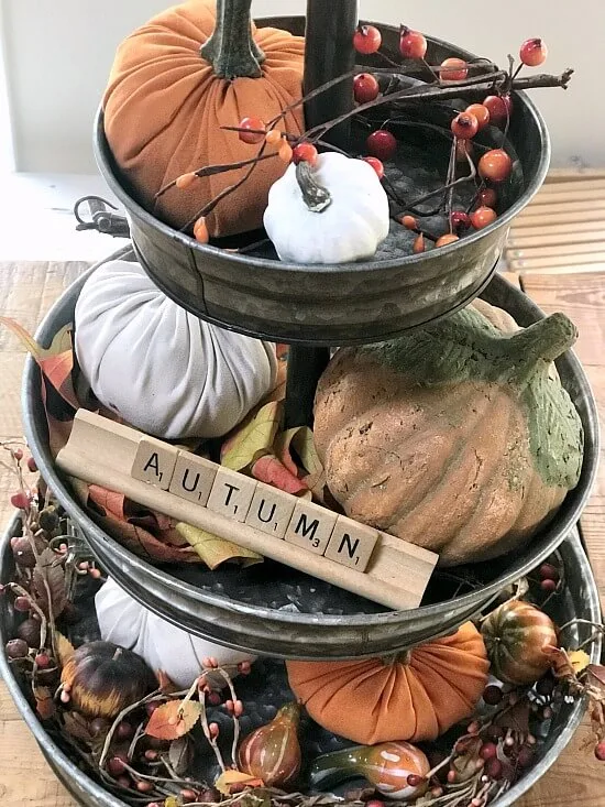 Fall decorated three tiered tray for fall 