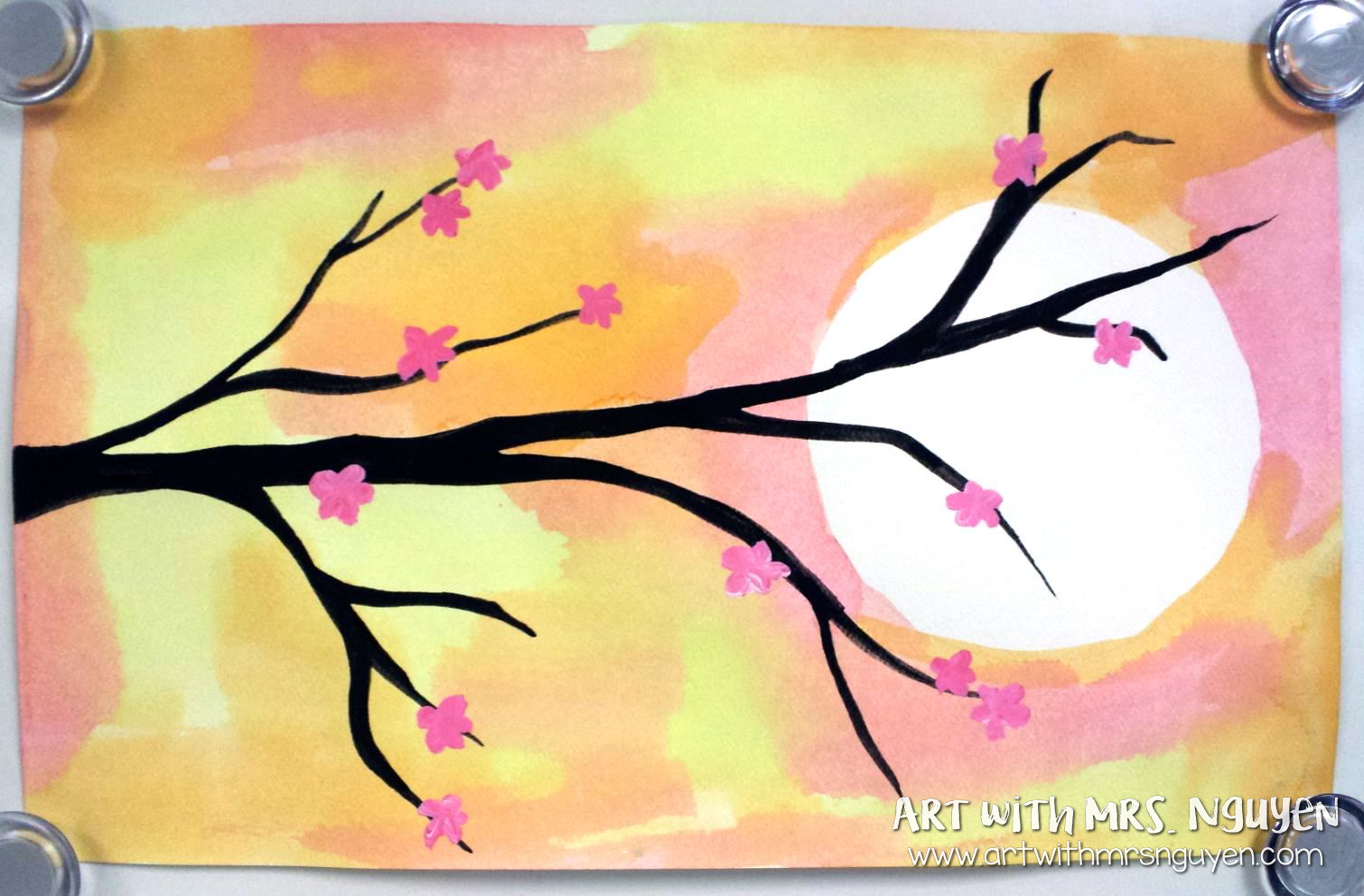 Japanese watercolor set - cherry blossoms branch, paper lanterns