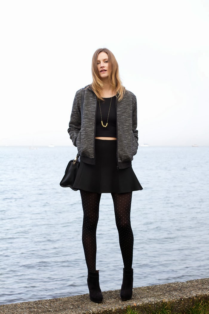 Vancouver Fashion Blogger, Alison Hutchinson, i wearing a T by Alexander Wang Hooded Jacket, American Apparel Crop Top, Zara skater skirt, Kate Spade Bag, Olivia Solie Necklace, and Zara black Booties