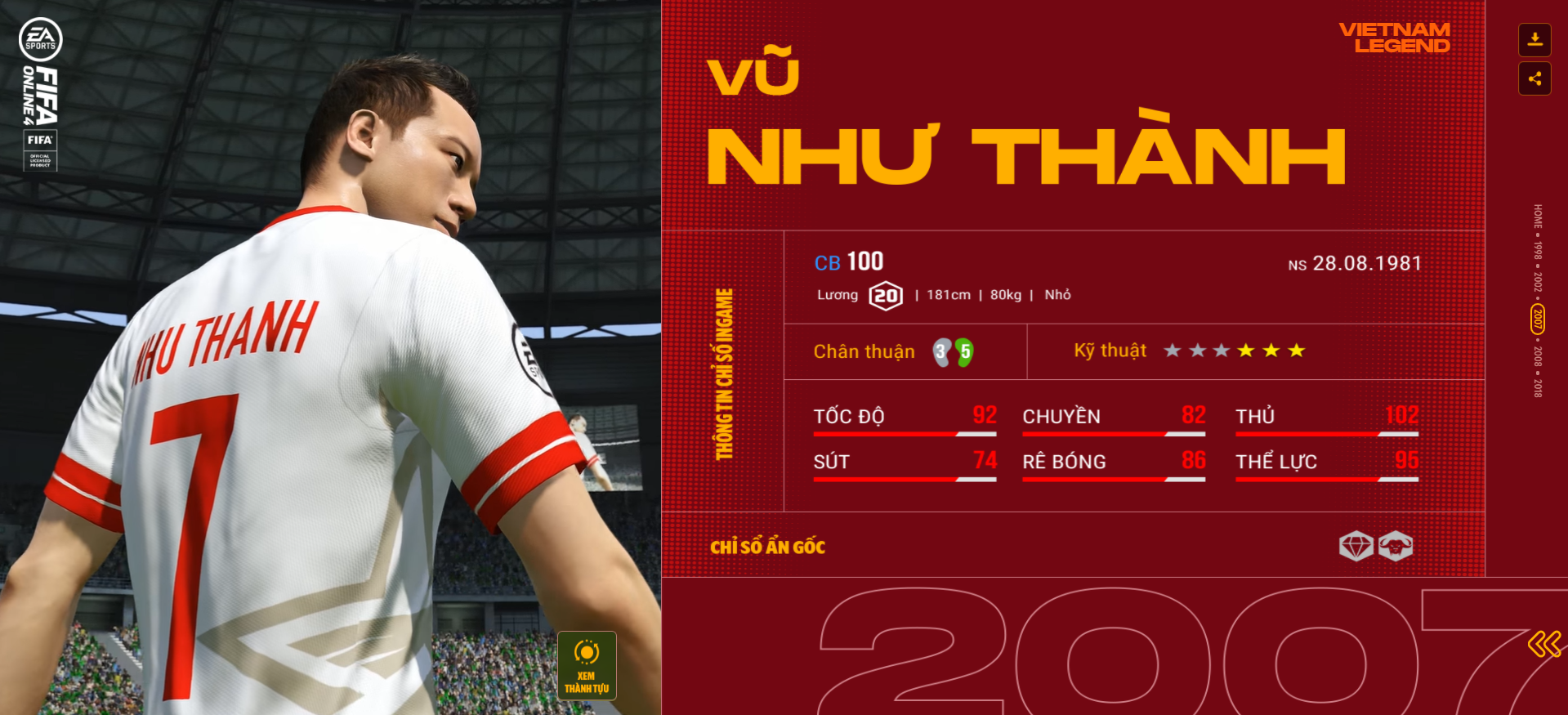 FIFA ONLINE 4 | Soi chỉ số khủng diện mạo mới của Vũ Như Thành Vietnam Legends - Trung vệ “trăm năm có một” của Bóng đá Việt Nam