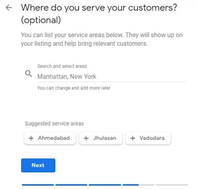 Google My Business: step by step guide to create a perfect profile 6 Optional question asking Where do you serve your customers Followed by search and select areas option