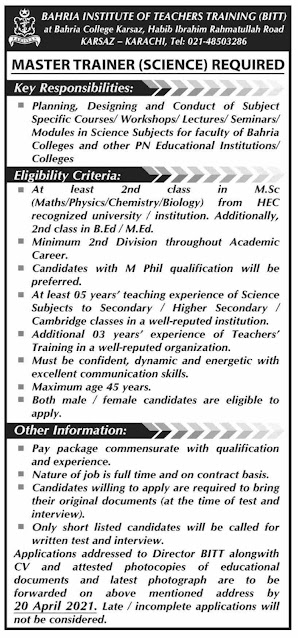 Latest Govt Job in BITT (Bahria Institute of Teachers Training) || in Karachi, Sindh, Pakistan 2021